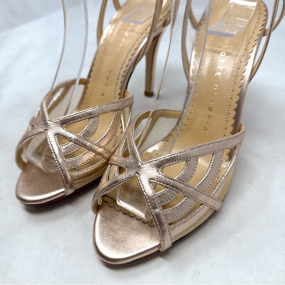 NEW Charlotte Olympia Octavia Spider Web Rose Gold Leather Strappy Sandal Heels - Picture 3 of 16